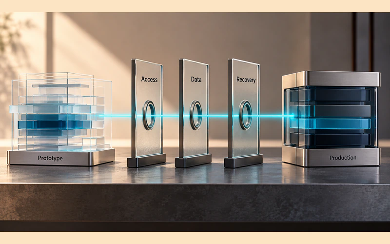 A prototype moving through access, data and recovery review gates toward production.