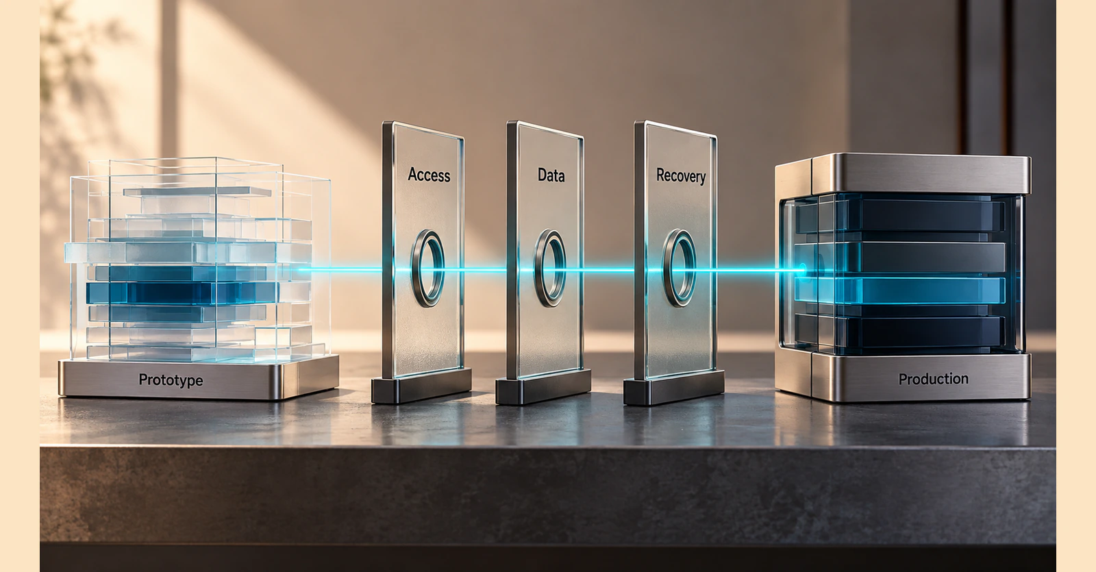A prototype moving through access, data and recovery review gates toward production.