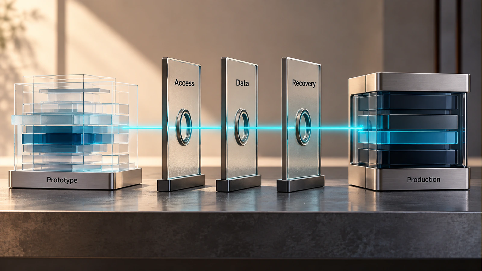 A prototype moving through access, data and recovery review gates toward production.