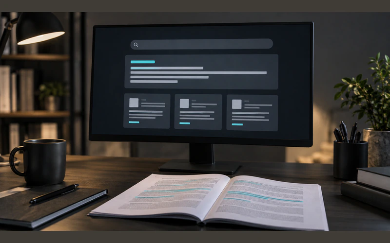 An illustrative answer interface with supporting source cards beside reference material.