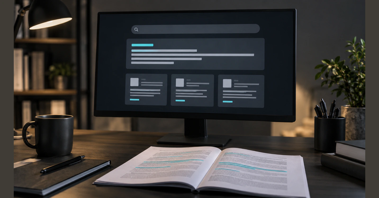 An illustrative answer interface with supporting source cards beside reference material.