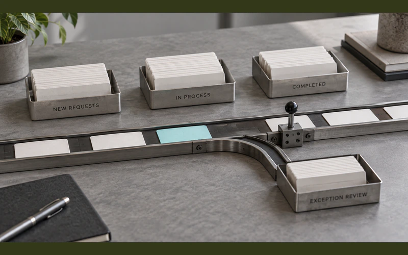 Request cards moving through a bounded workflow with a separate exception-review route.