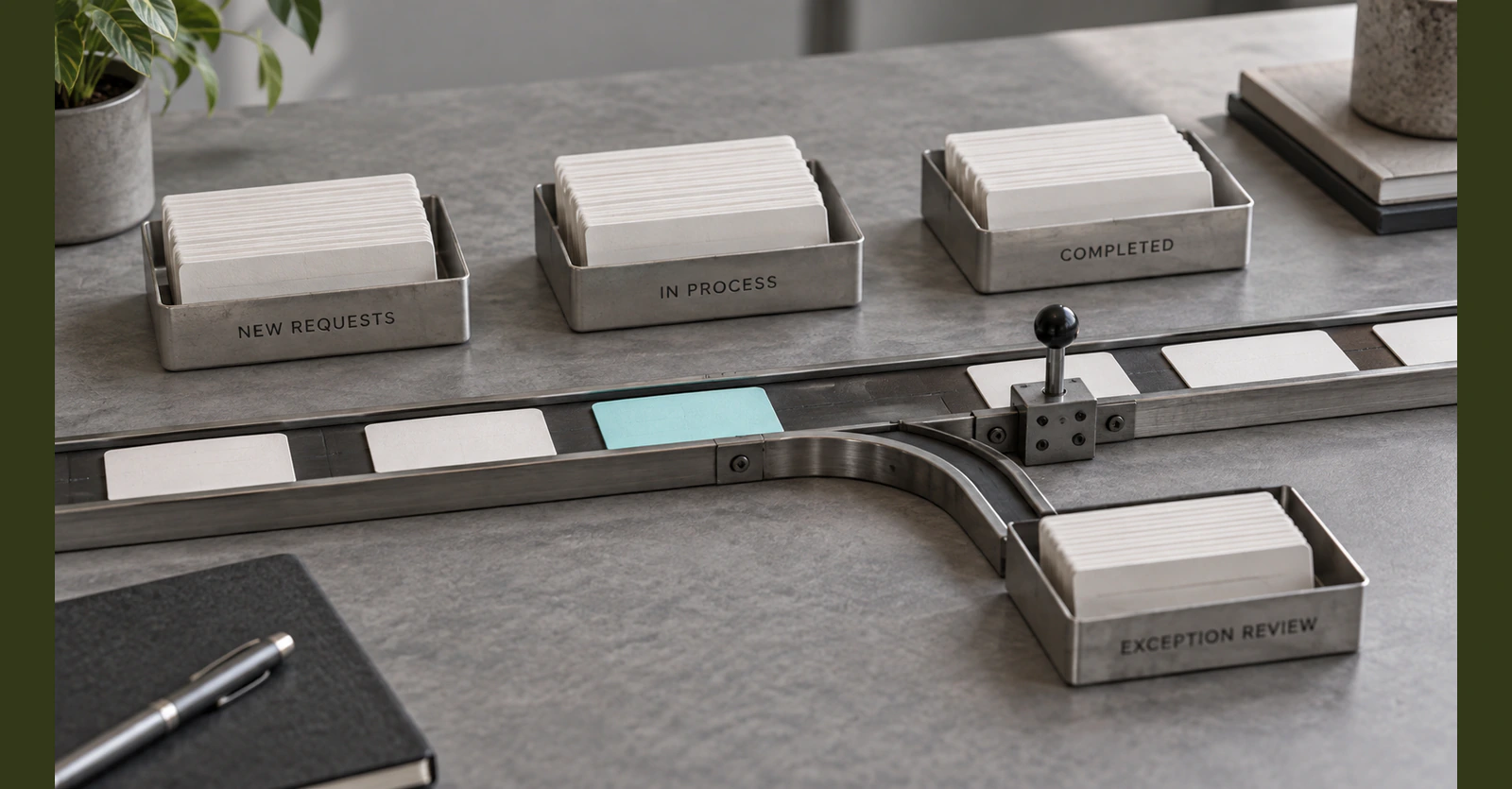 Request cards moving through a bounded workflow with a separate exception-review route.