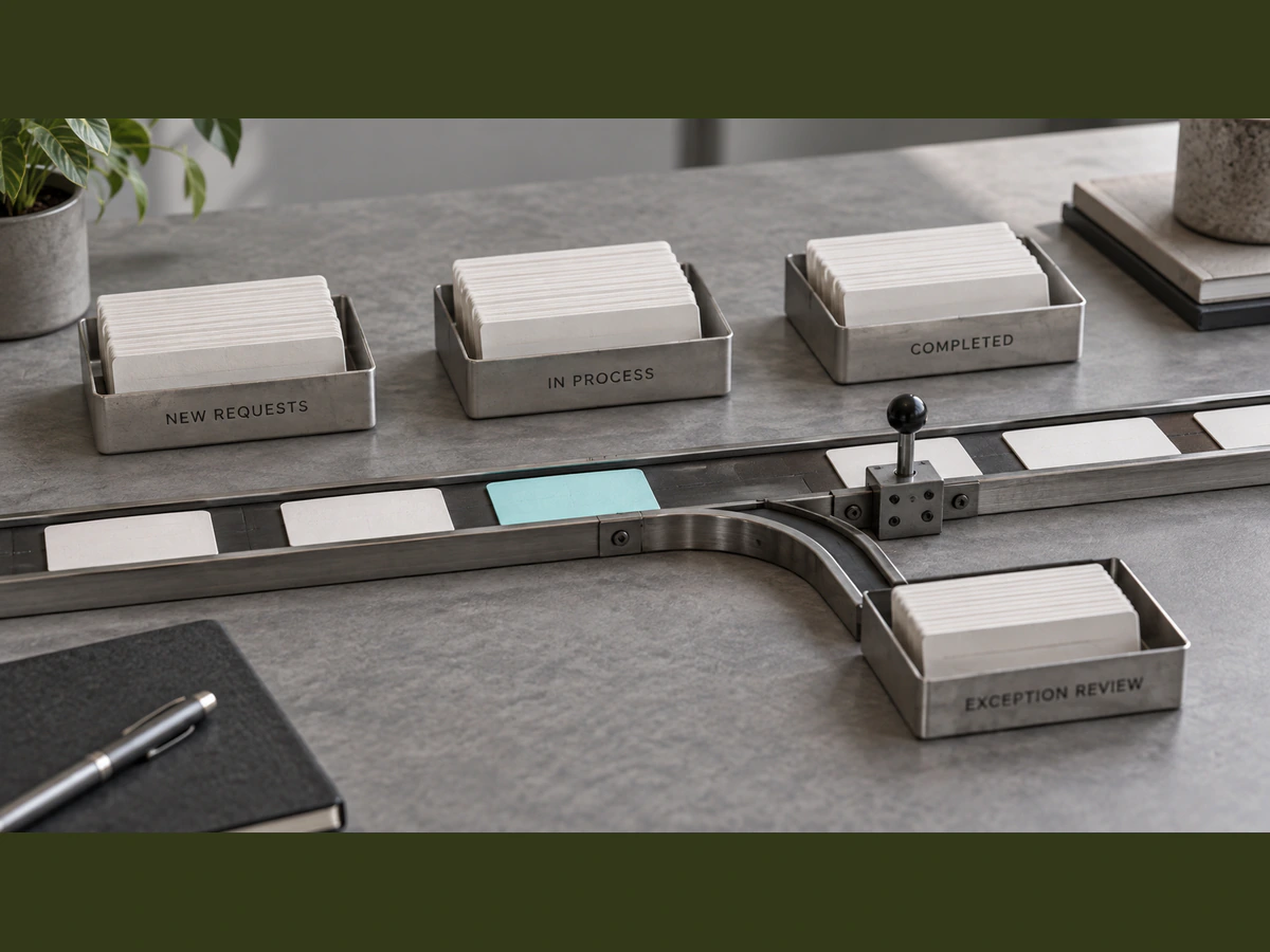 Request cards moving through a bounded workflow with a separate exception-review route.
