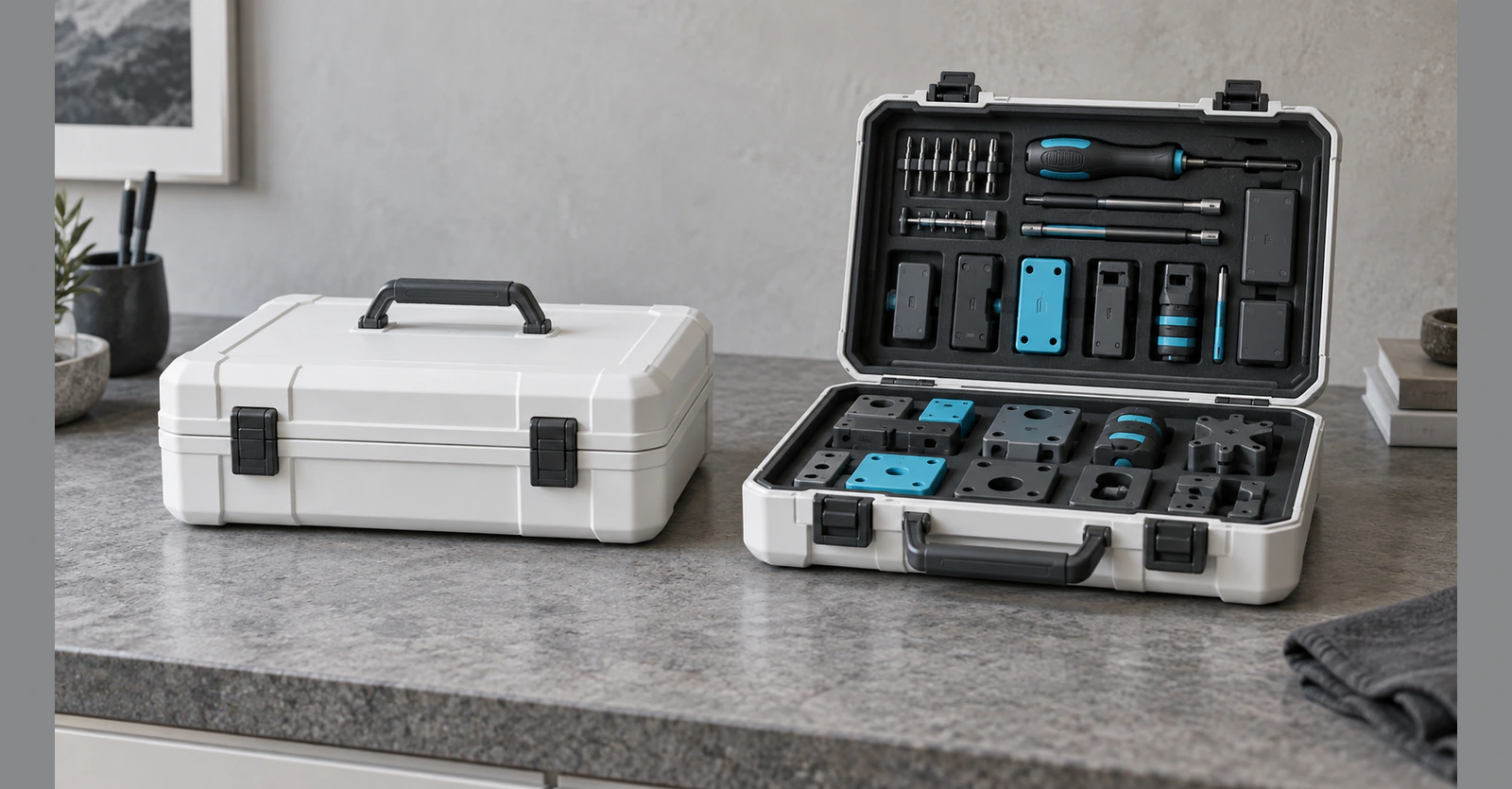 A ready-made toolkit beside a configurable kit with individual components.