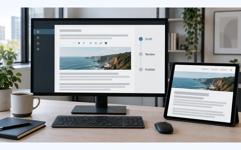 An editorial screen showing draft, review and publish stages beside a page preview.