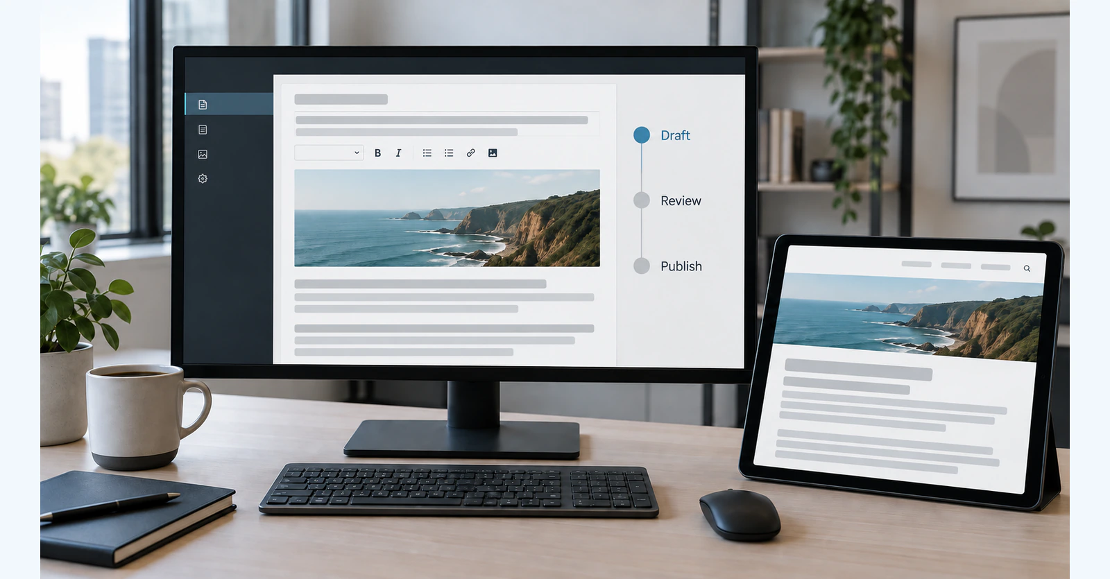 An editorial screen showing draft, review and publish stages beside a page preview.