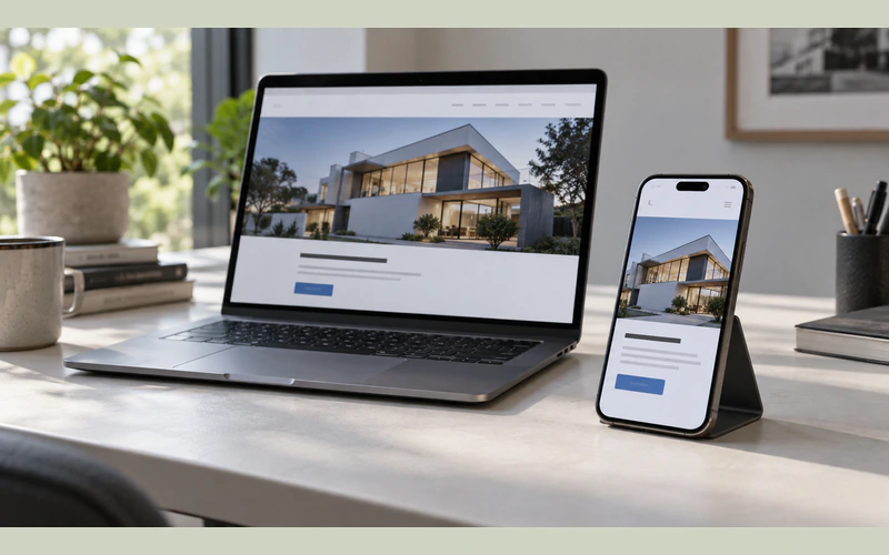Illustrative laptop and phone showing a website in desktop and mobile layouts.