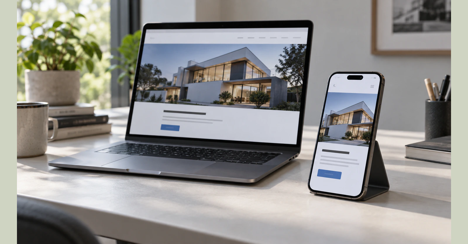 Illustrative laptop and phone showing a website in desktop and mobile layouts.