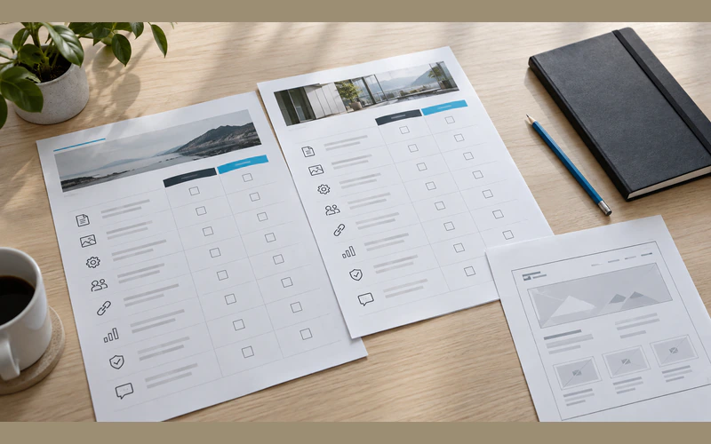 Website proposal worksheets and a page wireframe arranged for a scope comparison.