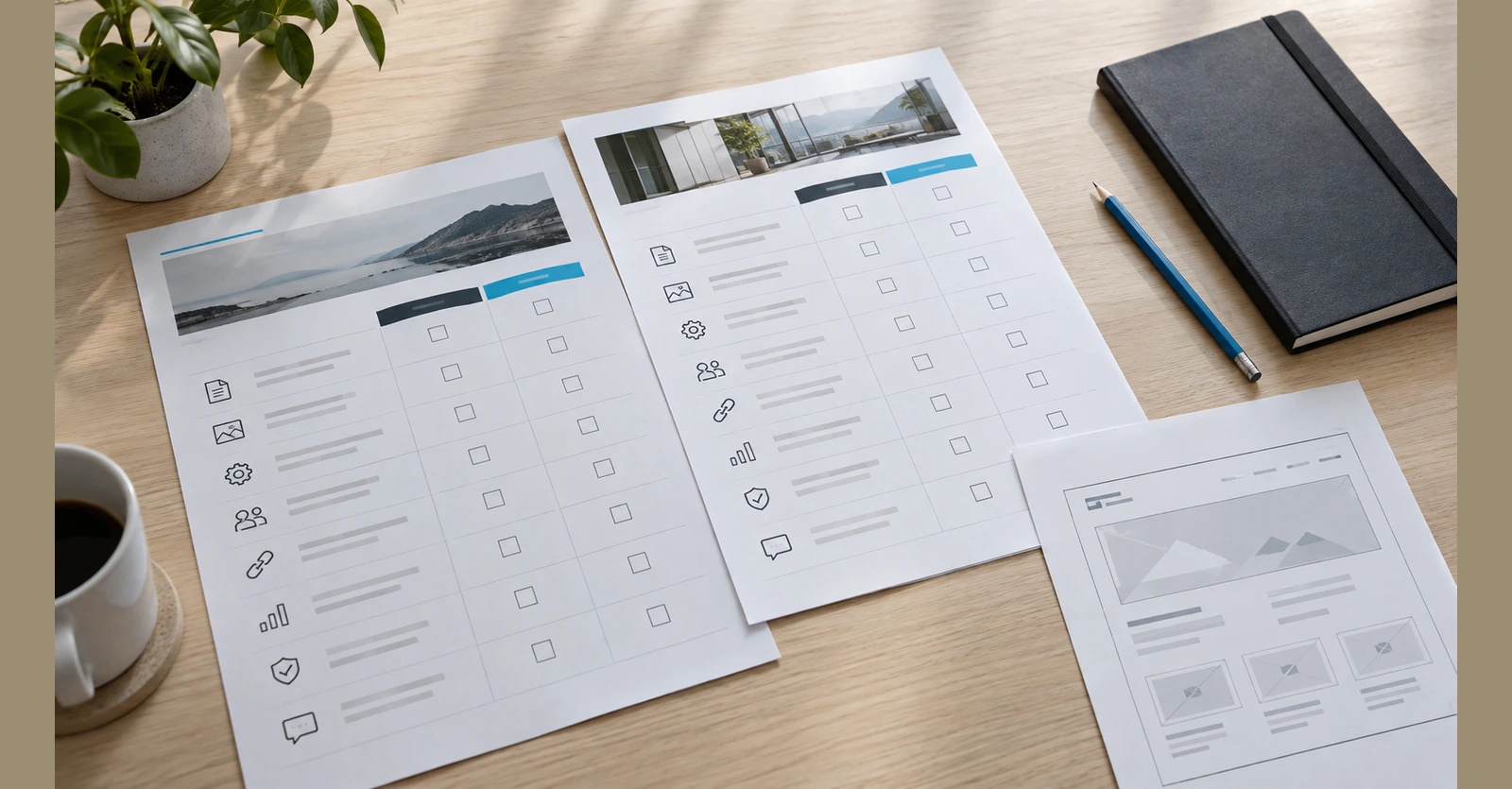 Website proposal worksheets and a page wireframe arranged for a scope comparison.