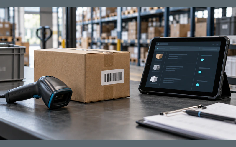 A warehouse package and scanner beside a connected operations dashboard.