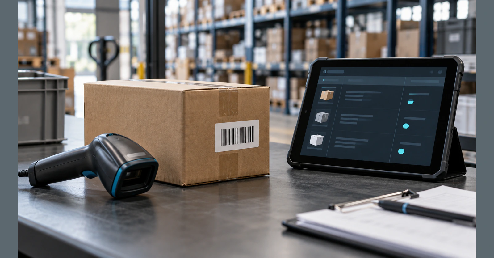 A warehouse package and scanner beside a connected operations dashboard.