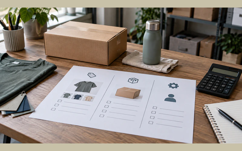 Store planning worksheets beside products, packaging and an unlit calculator.