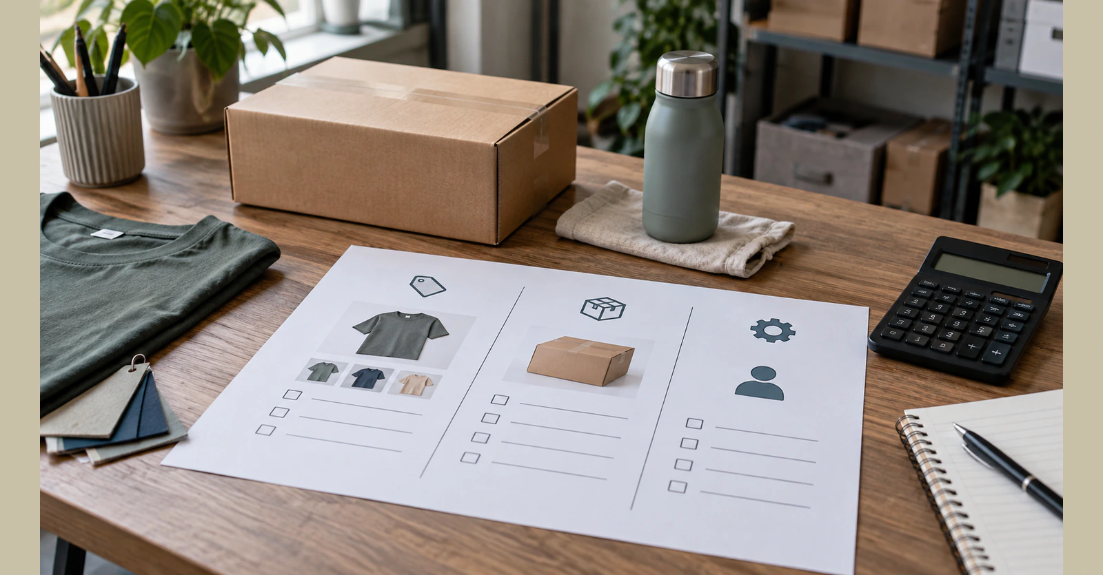 Store planning worksheets beside products, packaging and an unlit calculator.