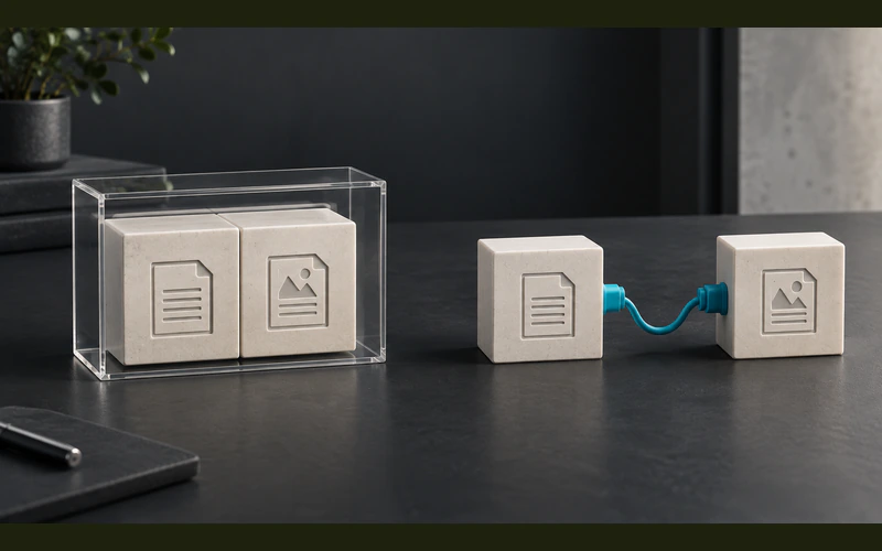 An integrated content system compared with separate connected content and presentation modules.