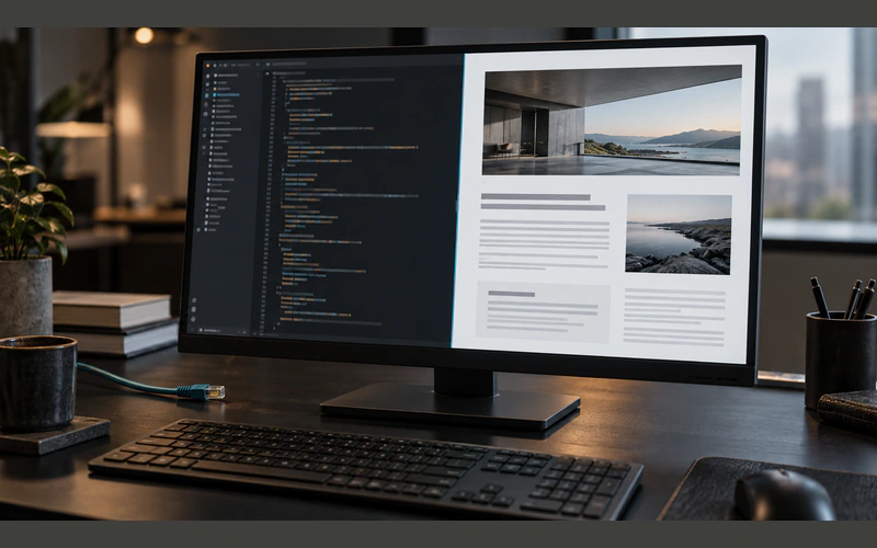 A monitor comparing source structure with the visible website it renders.