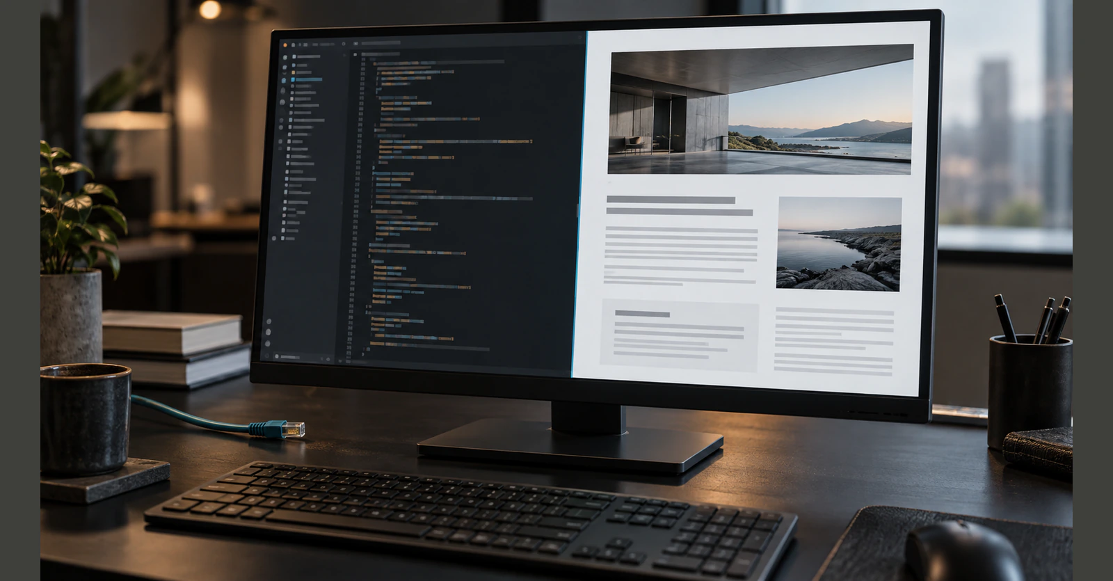 A monitor comparing source structure with the visible website it renders.