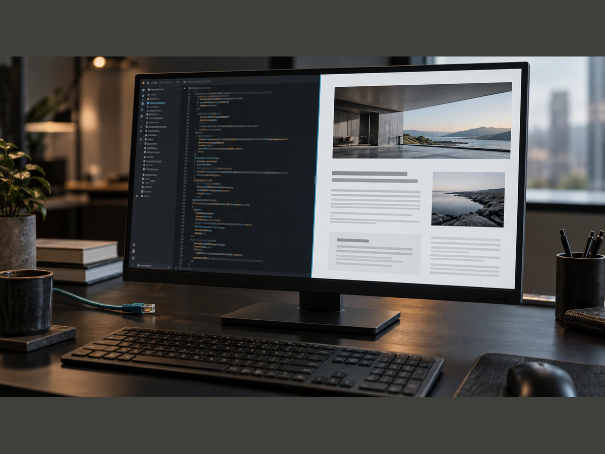A monitor comparing source structure with the visible website it renders.