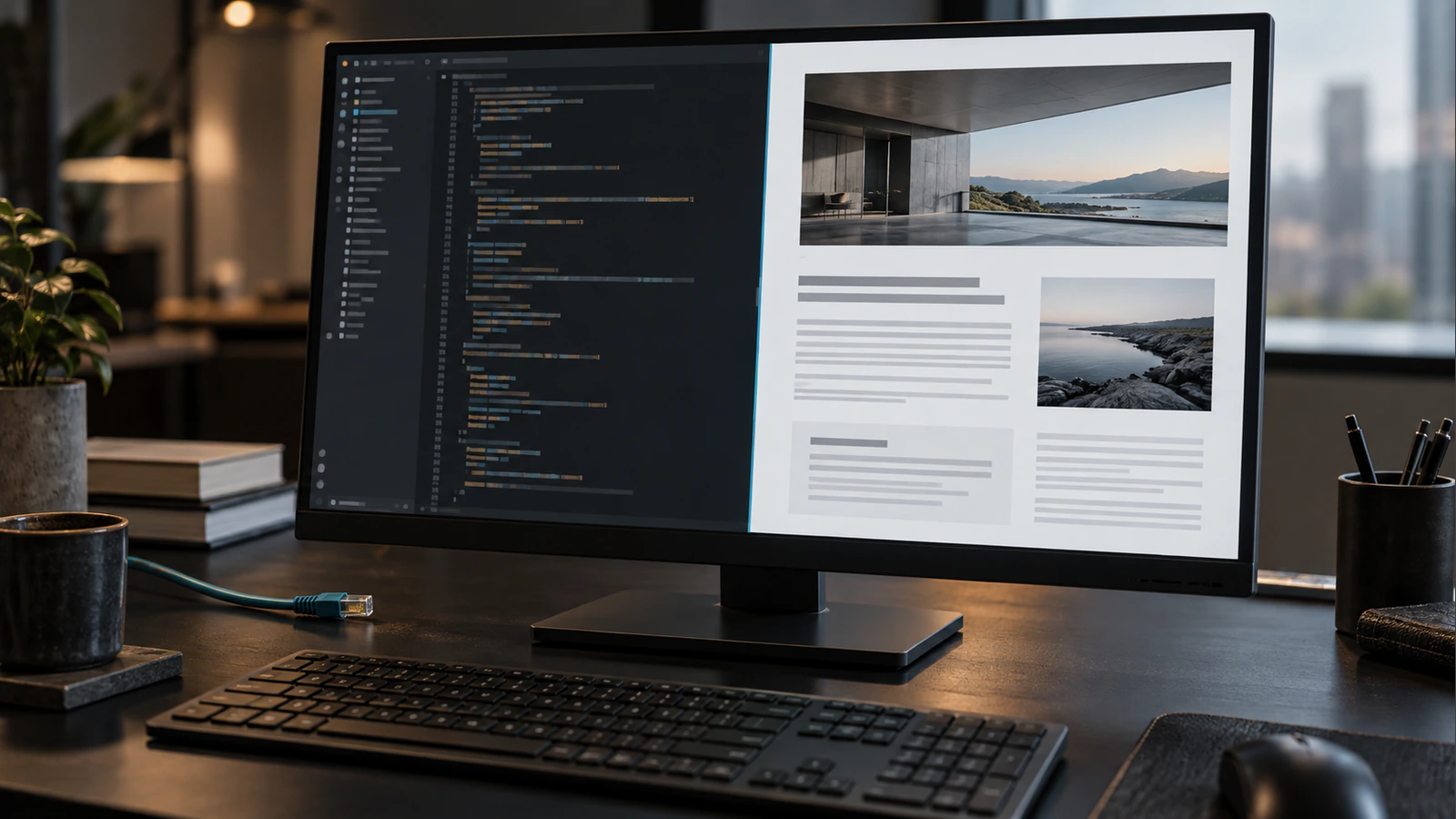 A monitor comparing source structure with the visible website it renders.