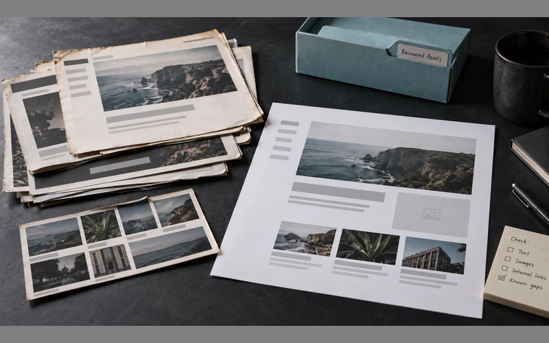 Archived website fragments and recovered images compared with a reconstructed page containing a known gap.