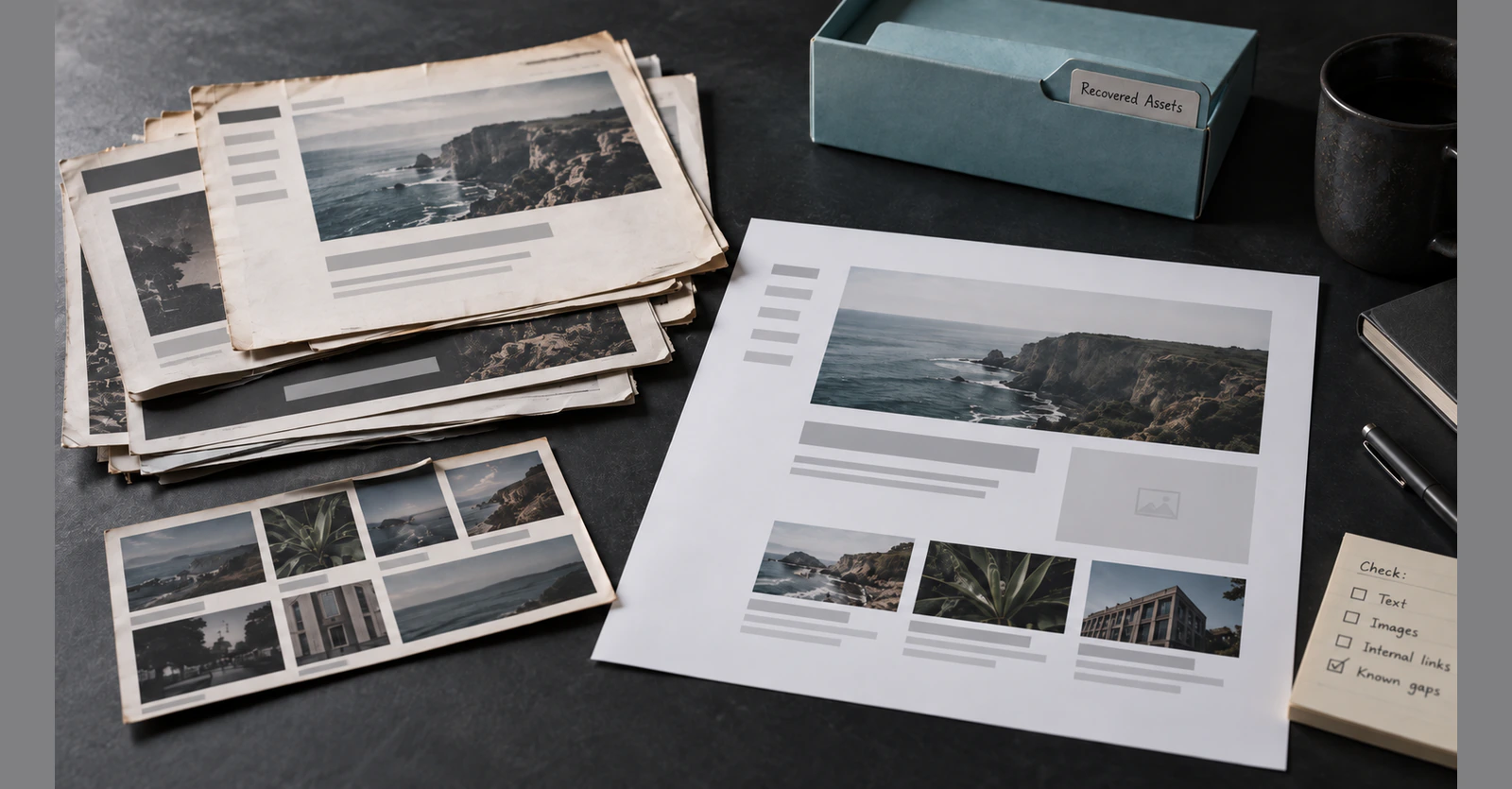 Archived website fragments and recovered images compared with a reconstructed page containing a known gap.