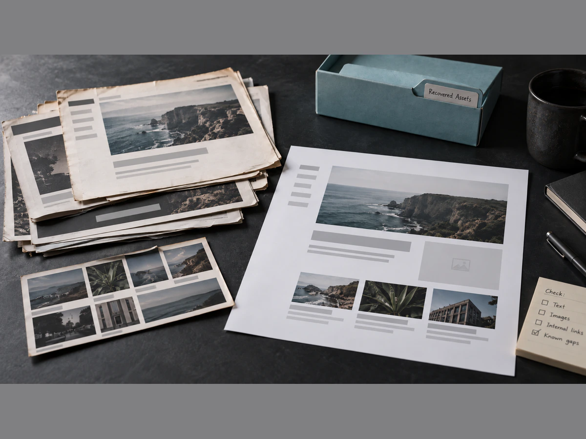 Archived website fragments and recovered images compared with a reconstructed page containing a known gap.