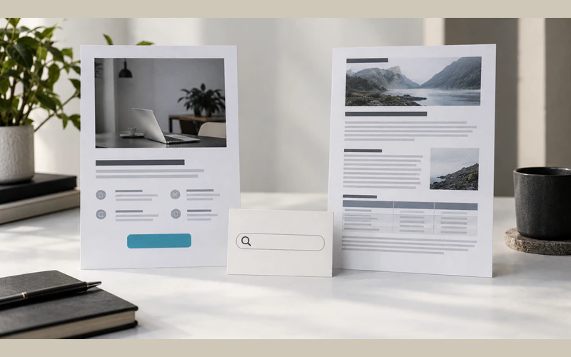 A commercial service page and an editorial article shown as distinct content formats.
