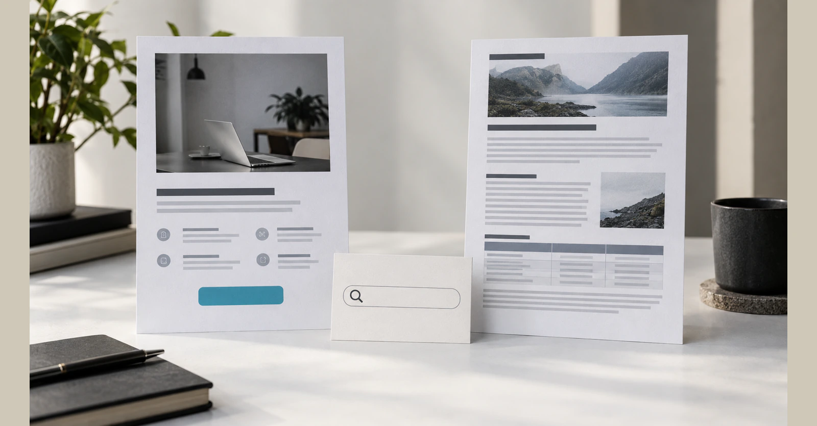 A commercial service page and an editorial article shown as distinct content formats.