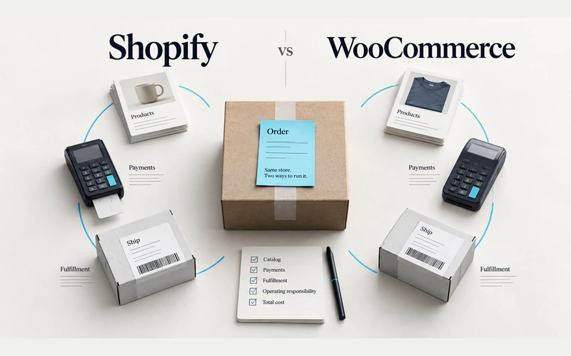 Shopify and WooCommerce compared through products, payments and fulfillment for the same store.