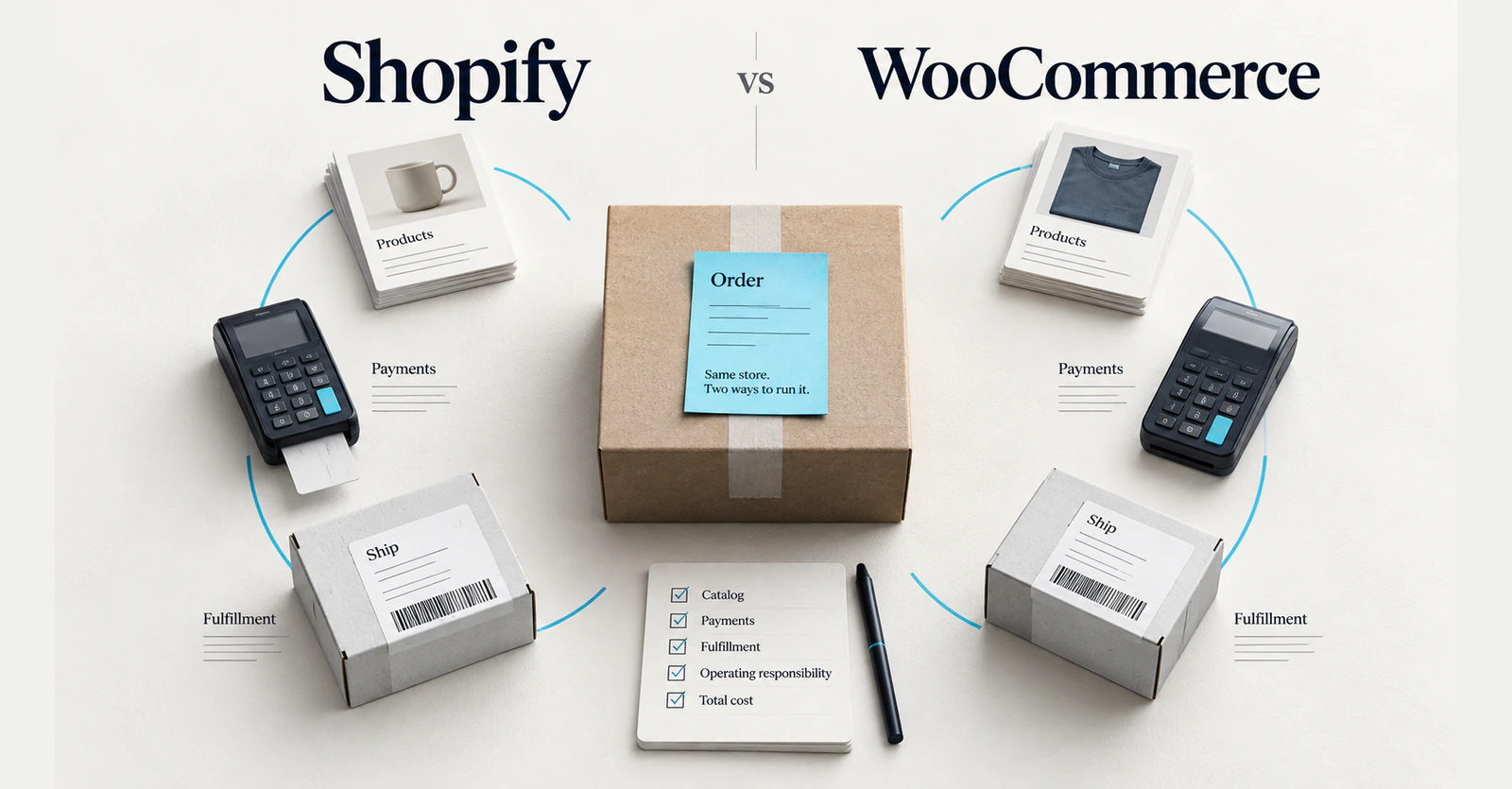 Shopify and WooCommerce compared through products, payments and fulfillment for the same store.