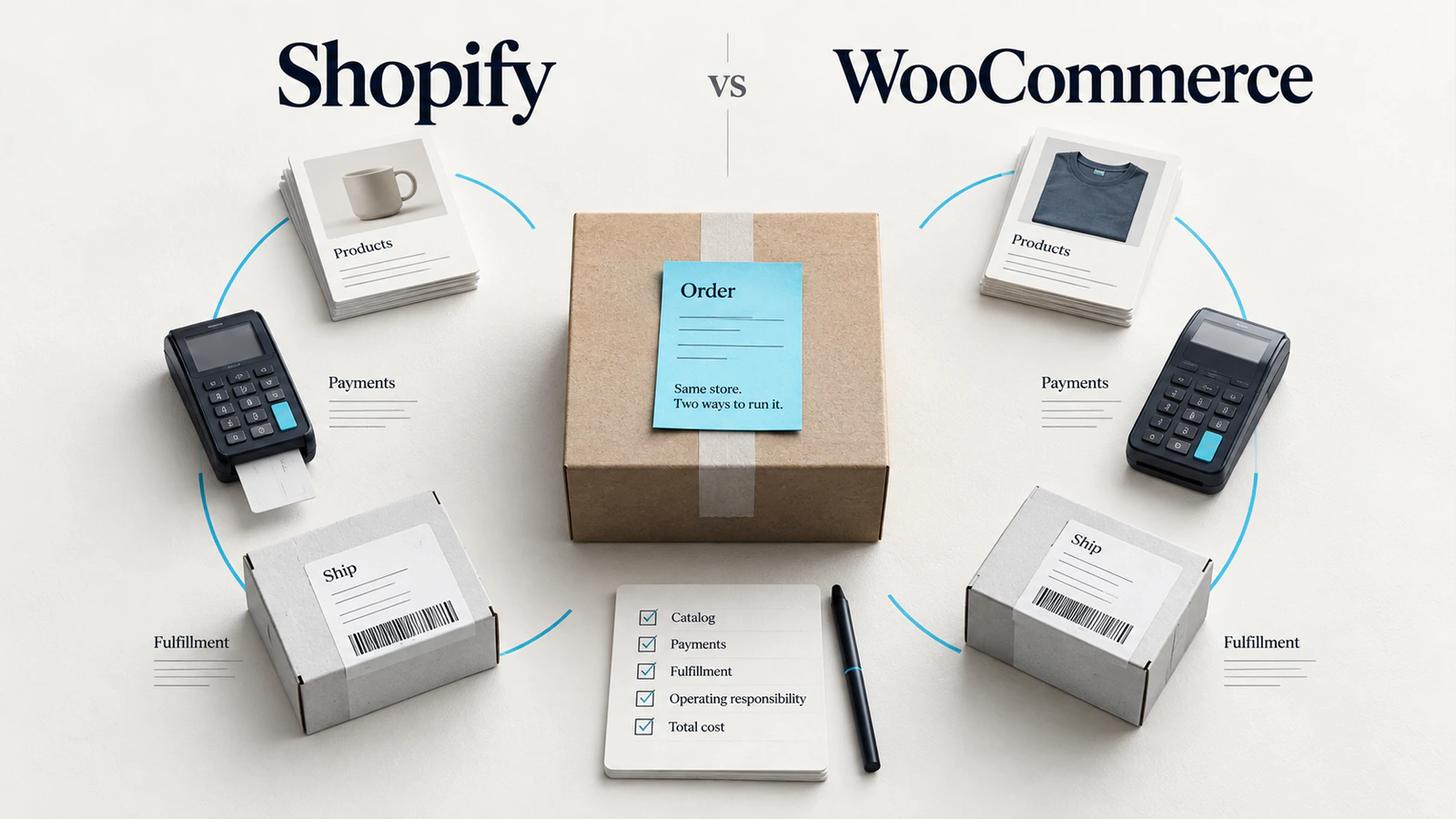Shopify and WooCommerce compared through products, payments and fulfillment for the same store.