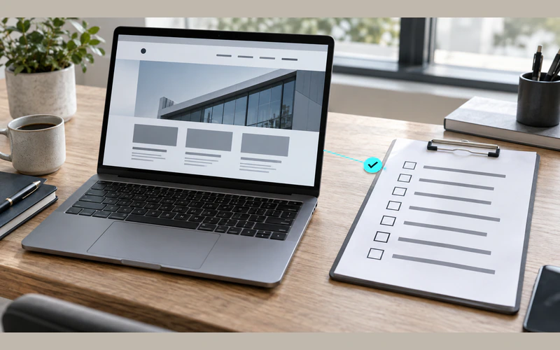 A website preview beside a structured pre-launch checklist.