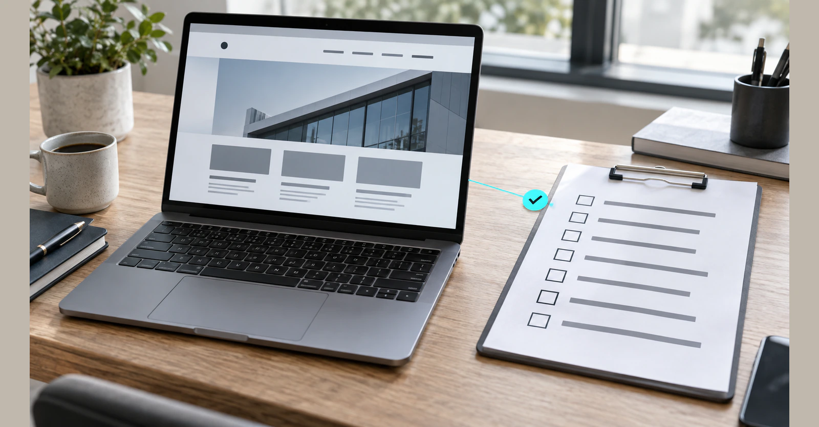 A website preview beside a structured pre-launch checklist.