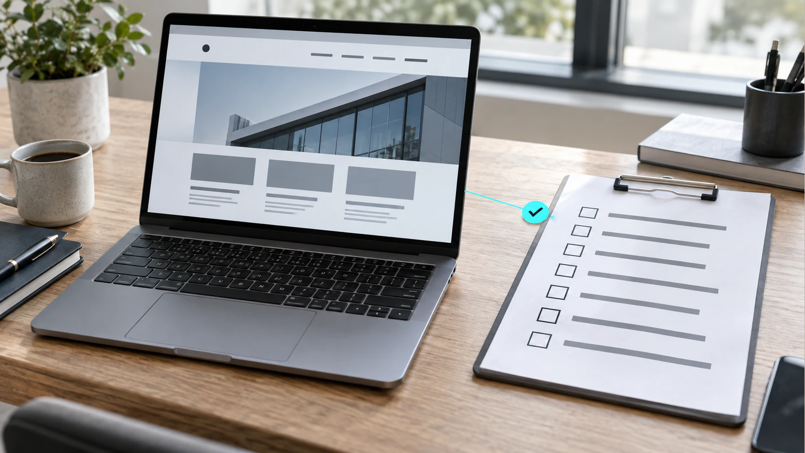A website preview beside a structured pre-launch checklist.