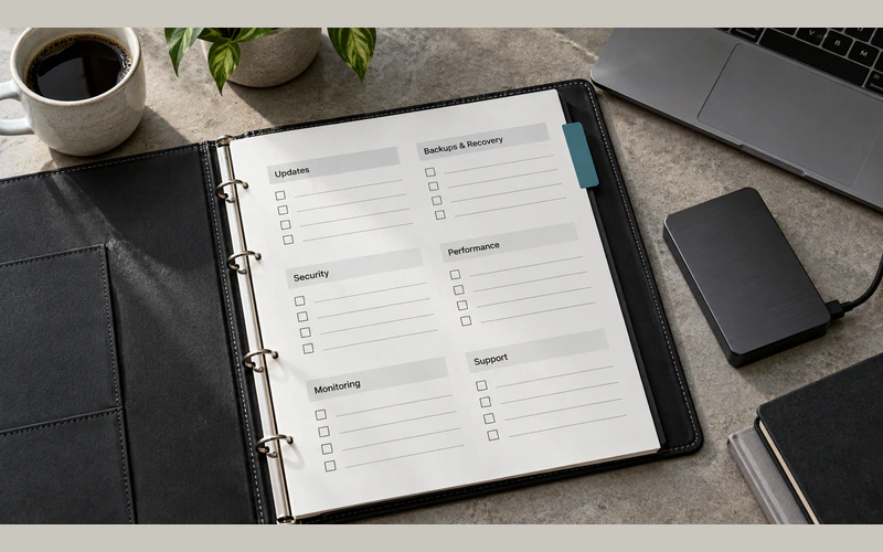 A maintenance coverage worksheet beside an external backup drive.