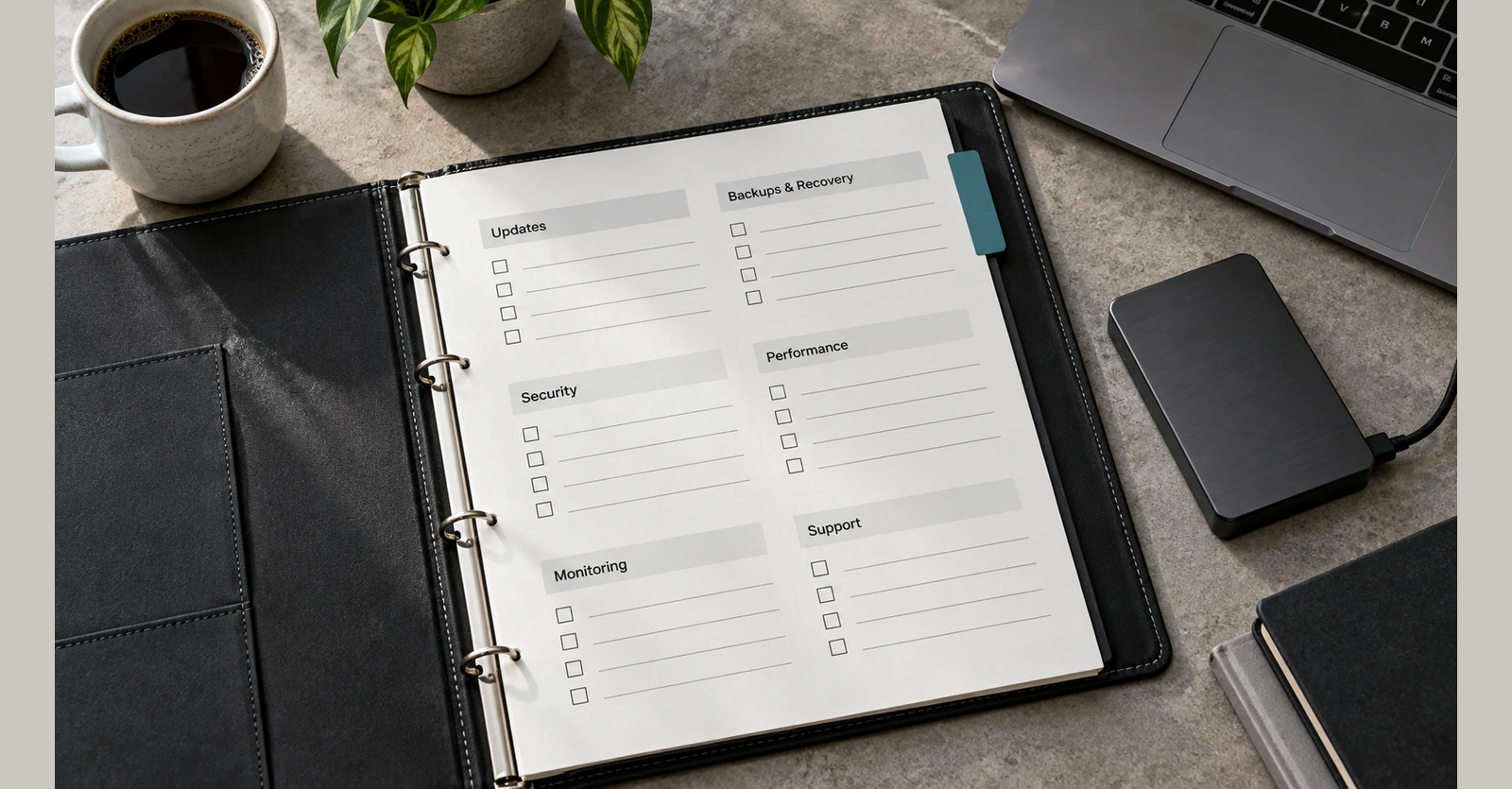 A maintenance coverage worksheet beside an external backup drive.