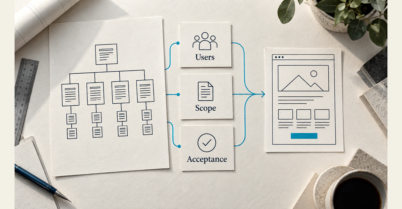 Website requirements linked to users, scope and acceptance criteria.