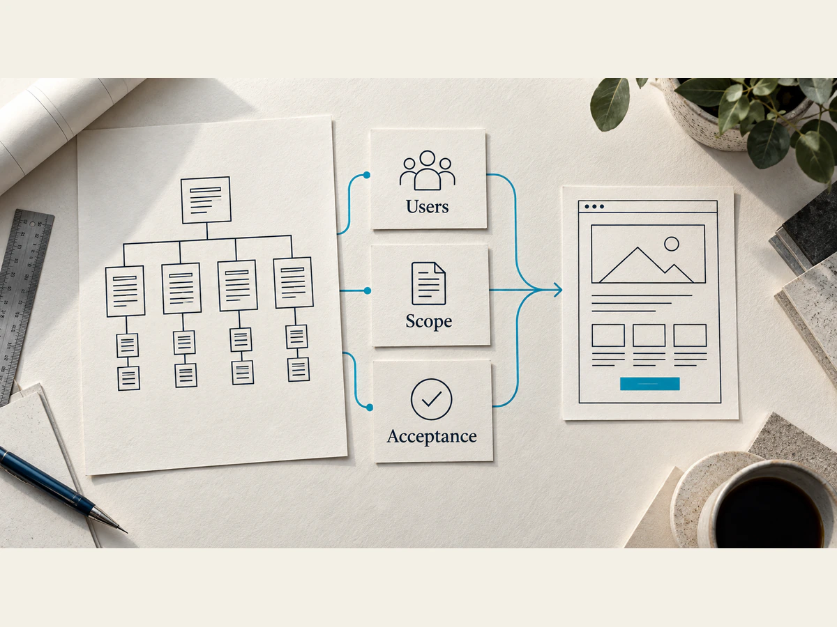 Website requirements linked to users, scope and acceptance criteria.