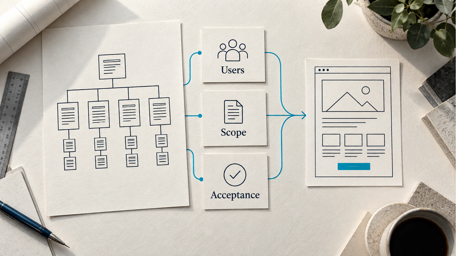 Website requirements linked to users, scope and acceptance criteria.