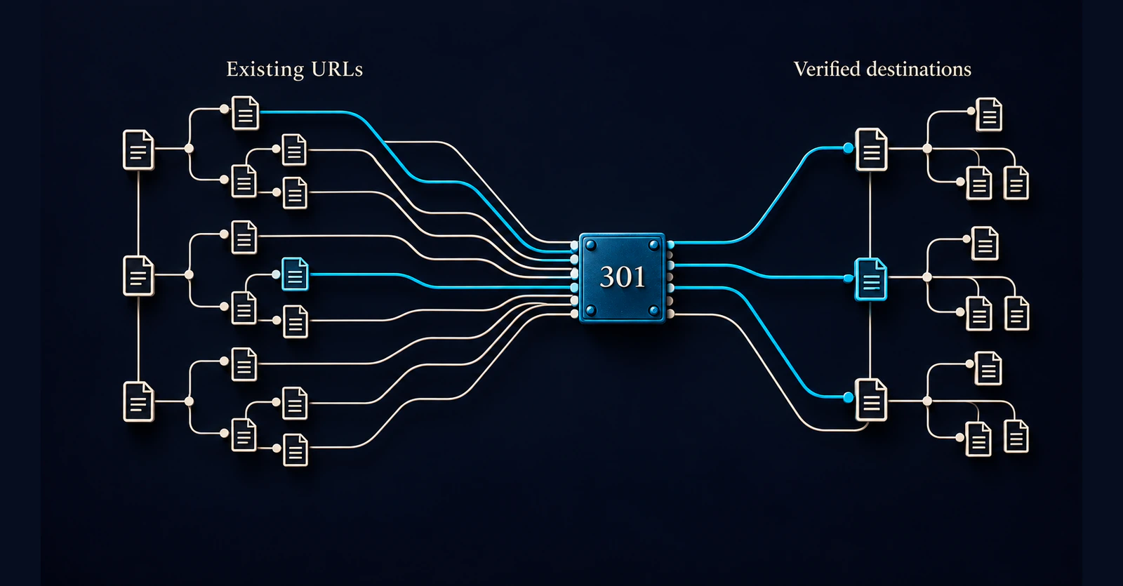 Existing website URLs mapped through permanent redirects to verified destinations.