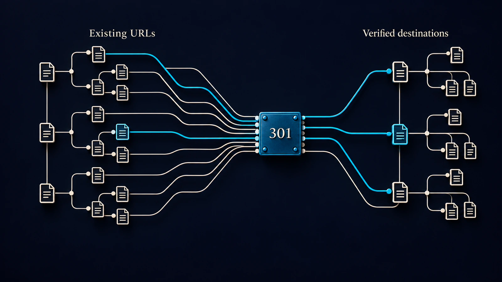 Existing website URLs mapped through permanent redirects to verified destinations.