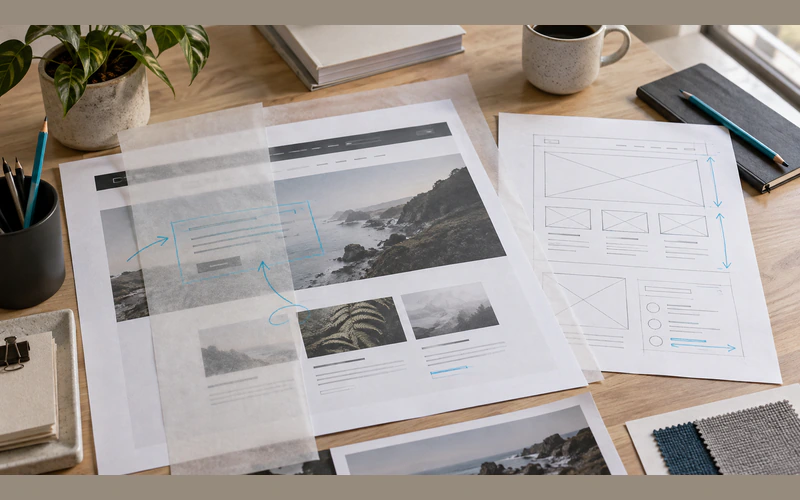 An existing website proof reviewed alongside a revised layout and content notes.