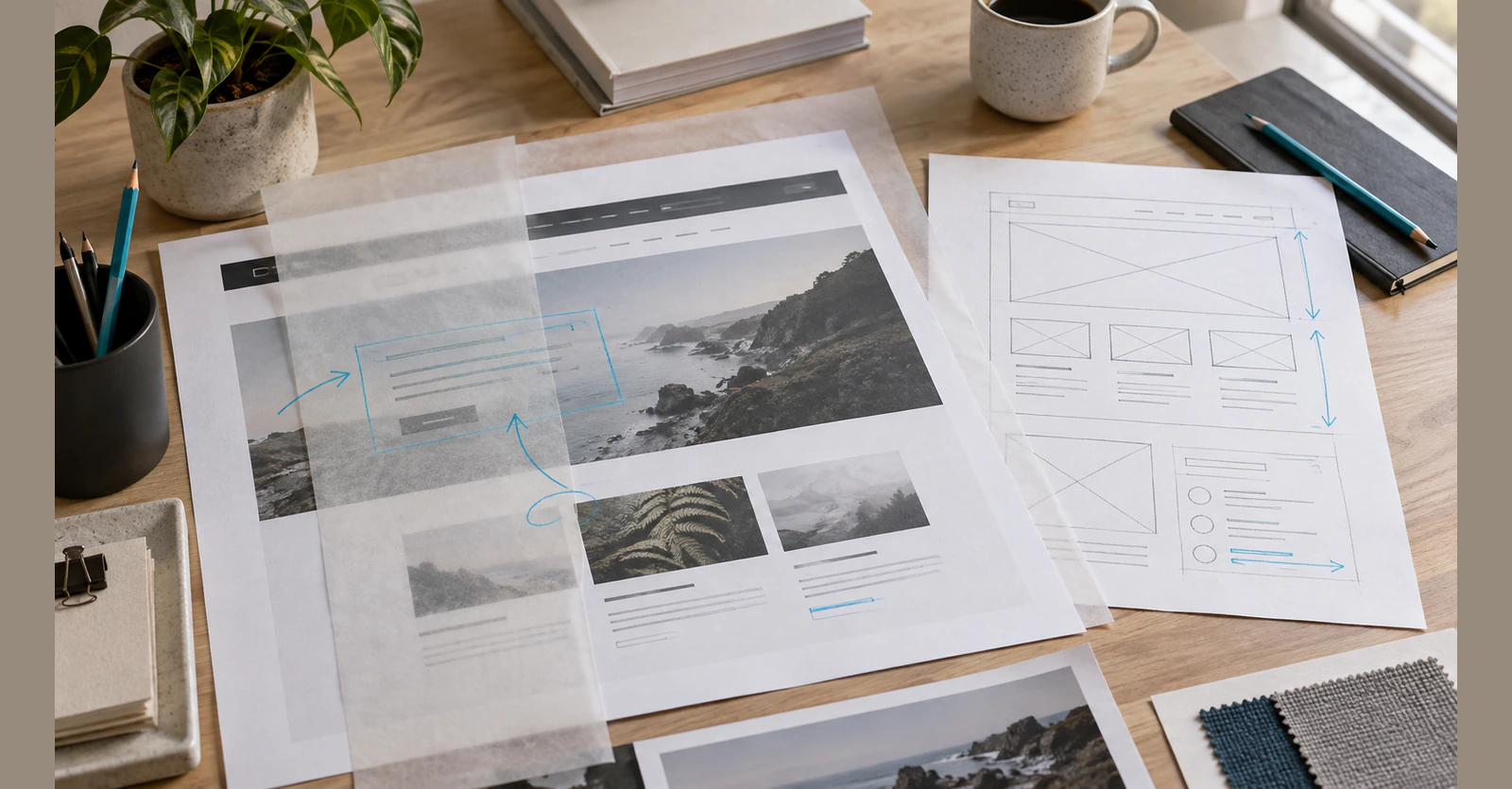 An existing website proof reviewed alongside a revised layout and content notes.