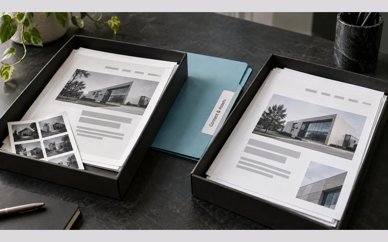 Website content and image assets organized between two different page layouts.