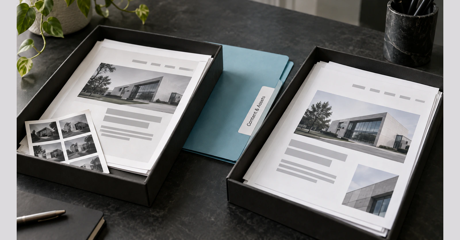 Website content and image assets organized between two different page layouts.