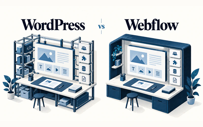 Two editorial publishing models representing WordPress and Webflow.