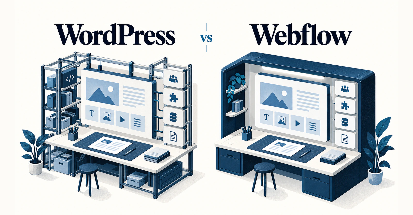 Two editorial publishing models representing WordPress and Webflow.