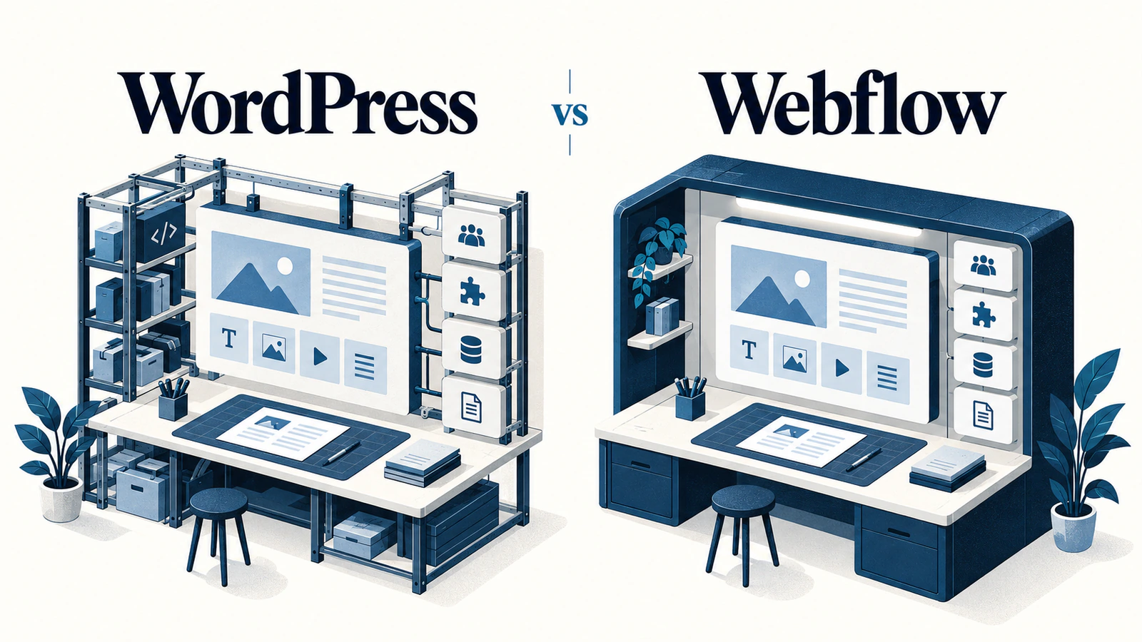 Two editorial publishing models representing WordPress and Webflow.