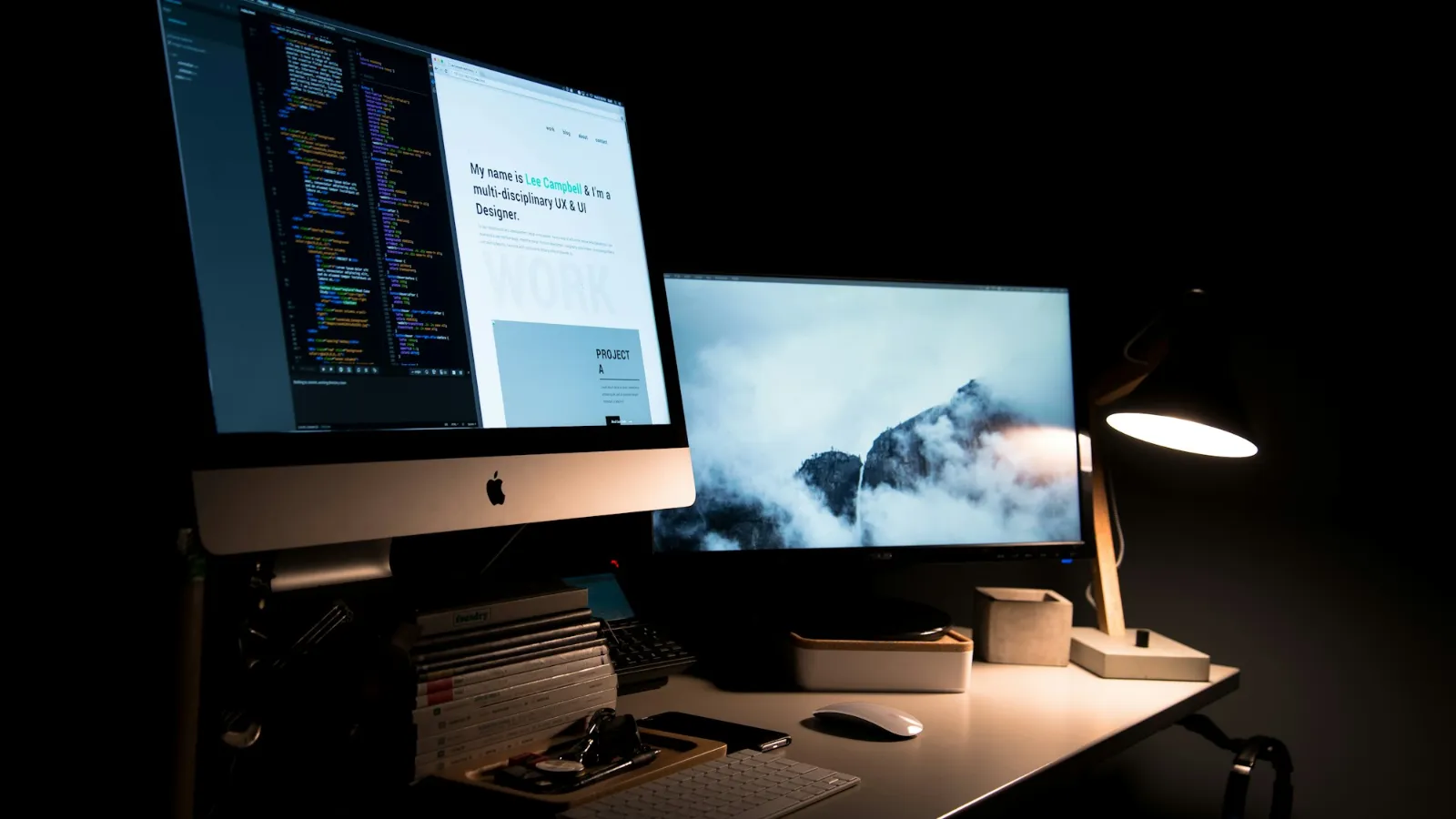 Two-screen developer setup used to build a headless WordPress front end